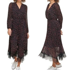 DKNY‎ NWT Heart Print Midi Dress XXS black red eyelash lace Valentine’s Day